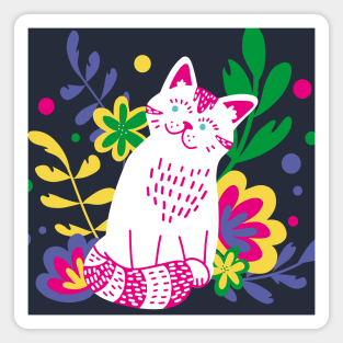 Cute White Cat in Flowers Magnet